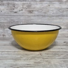 Vintage Huta Silesia Polish Enamel Nesting Bowl Yellow with Black Rim 7"