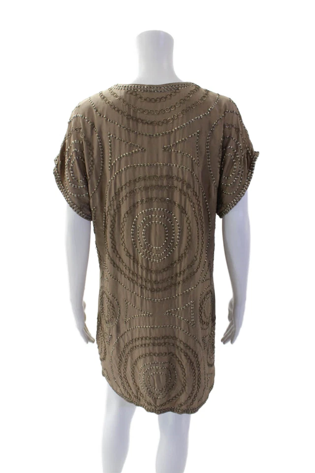 Haute Hippie Womens Silk Studded V Neck Short Sleeves Dress Brown Size Small - Image 3 of 4