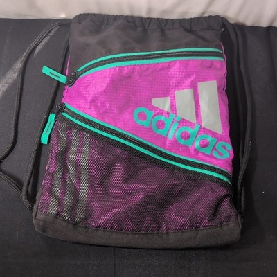 Adidas Drawstring Retro Design Bag Purple Teal Big Logo Exterior Mesh Pockets