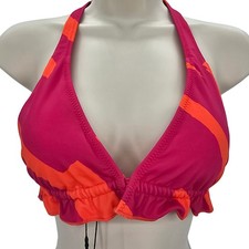 Sanctuary Swim Womans size S Triangle Bikini Top Stripe Pink  Orange Halter NEW