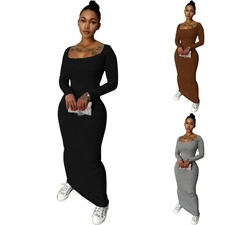 Womens Sexy Crew Neck Long Dress Fitted Long Sleeve Ribbed Bodycon Maxi Dresses