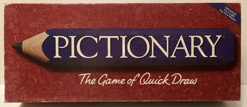 Vintage Pictionary Game Red Box Quick Draw Blue Pencil Updated Milton Bradley