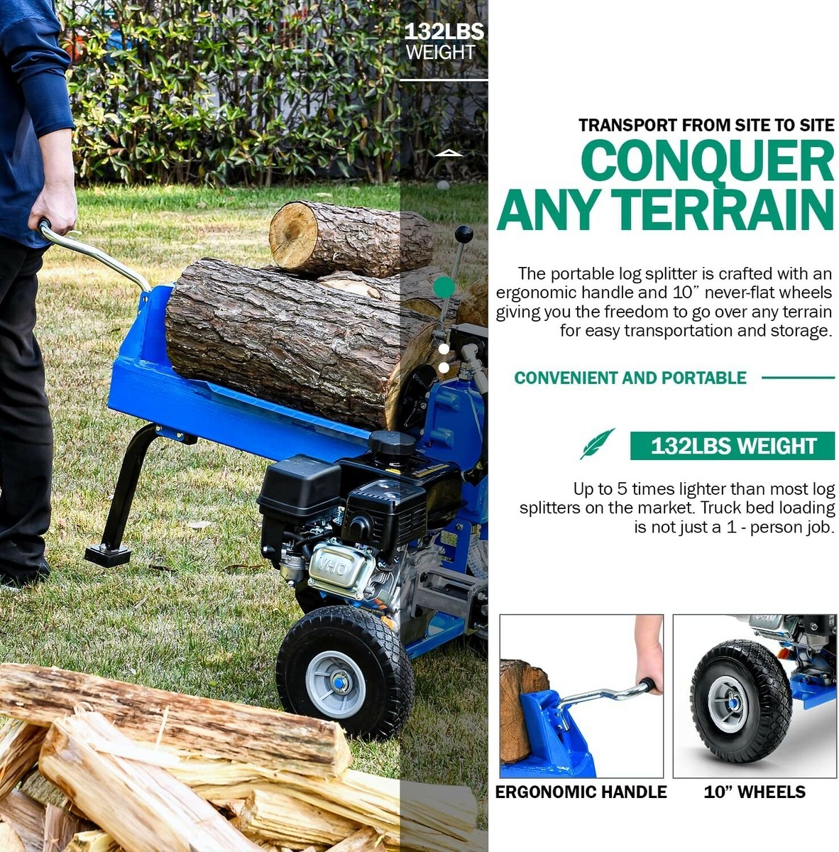 Landworks Log Splitter Portable 20 Ton Rapid Auto Return System