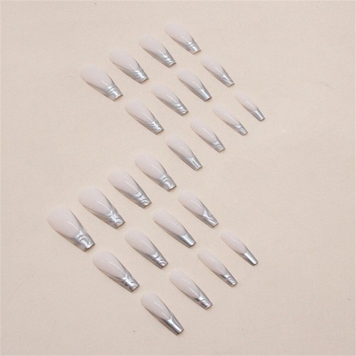 Silver Waves French False Nail Coffin Long Press on Nails for Nail Art 24pcs - Picture 6 of 6