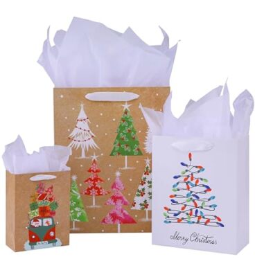 Pack Christmas Gift Bags Assorted Sizes With Tissue paper (3
