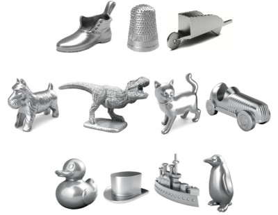 Monopoly Spiel Spiel Spiel Spielmarken Figuren Pinguin Dinosaurier Ente Katze Schiff Auto Fingerhut Stiefel Hund