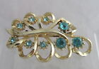Lacey Leaf Pin Brooch Vintage Teal Turquoise Rhinestone&Gold