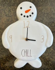 Rae Dunn Artisan Collection CHILL 11”x 9”x 2” Ceramic SNOWMAN WALL CLOCK New!