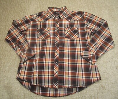 Rock & Roll Cowboy Shirt Extra Large Brown Plaid Western Pearl Snap Long Sleeve