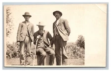 Vintage 1900's RPPC Postcard Portrait Father & Two Sons on the Farm