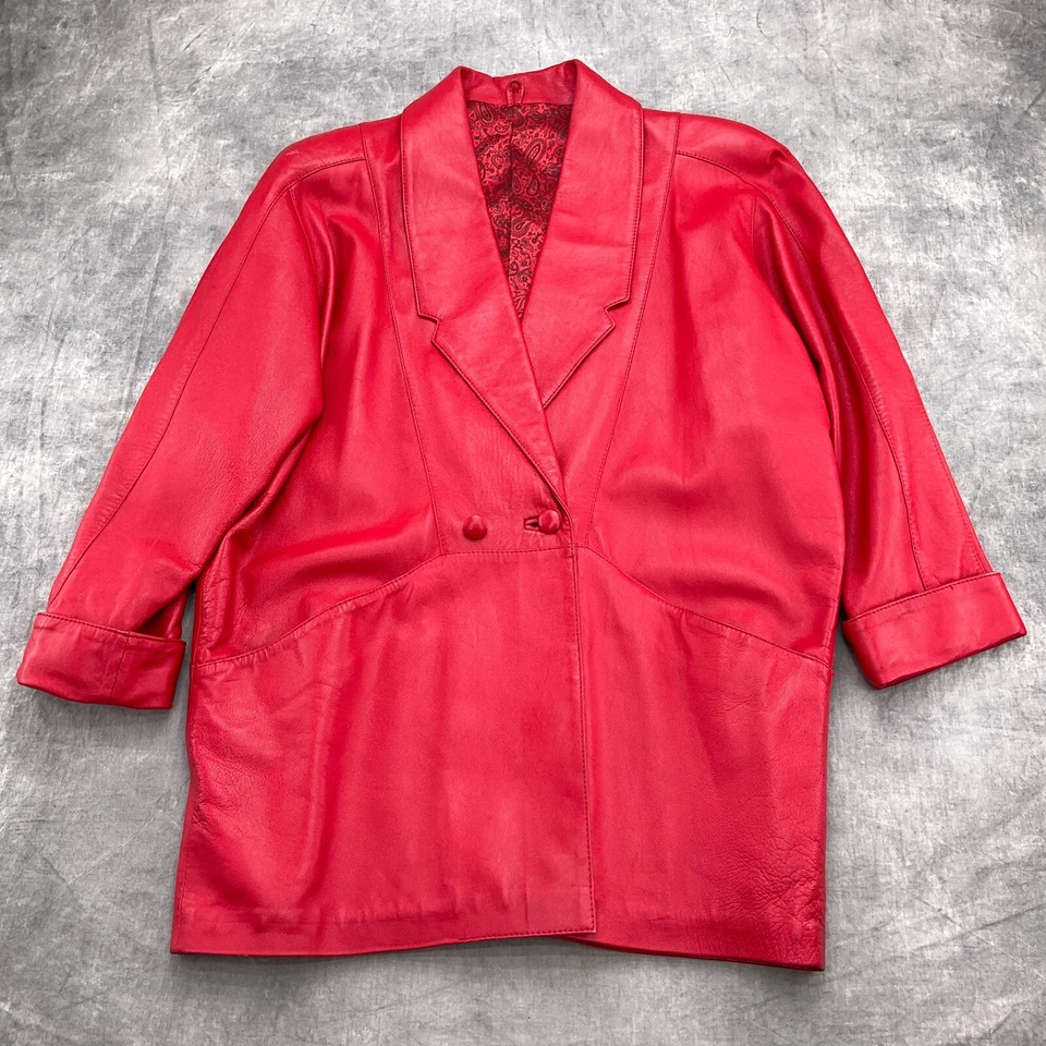Chaqueta Vera Pelle Mujer Mediana Cuero Rojo Doble Pecho Relajada Retro Años 80 90