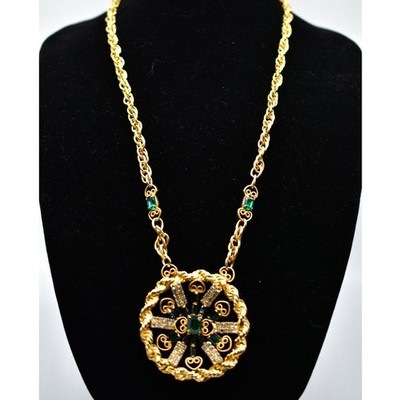 EISENBERG Vintage Crystal Necklace Pendant Gold Green E 40's Signed Bin3