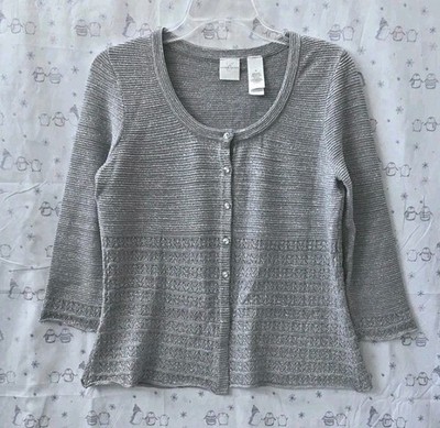 Emma James Texture Knit Pattern Shimmering Metallic Thread Button Front Cardigan