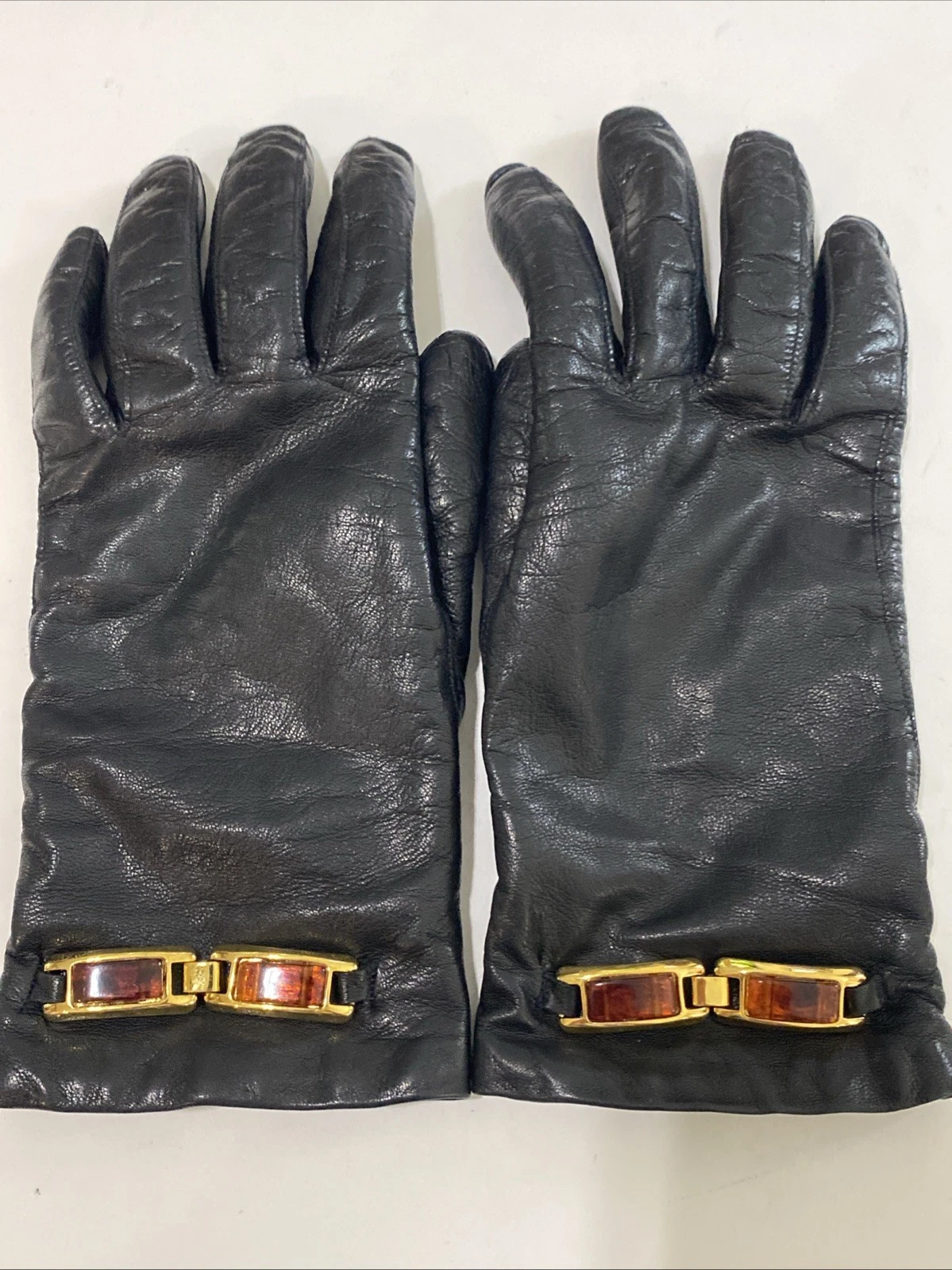 Guanto Simeone Leather Gloves Gold Chain Link 7.5 Black Wool Lined Italy