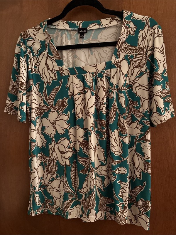 Rafaella Womens Green, White, Brown Floral Print Short Sleeve Top ~ Size L