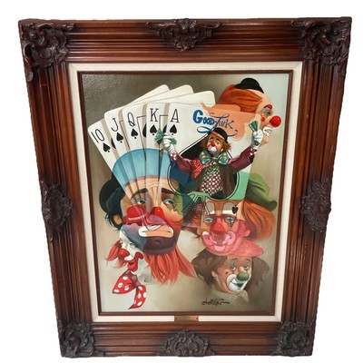 Chuck Oberstein Original Clowns Cards Signed Oil on Canvas 31.5X25.5 OrnateFrame
