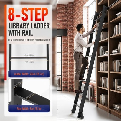 96'' Telescopic Library Ladder Rolling w/ Braking Wheels 4FT Hook Track Kit 330LB