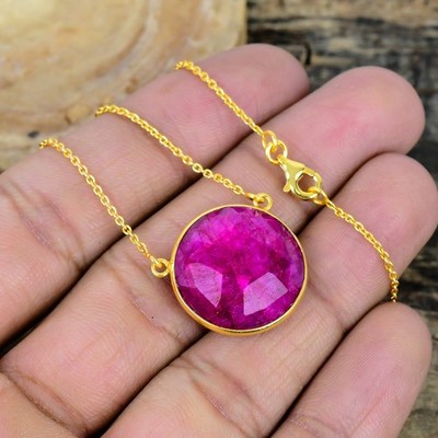 Dyed Pink Ruby Round Cut Pendant, 18k Gold Plated Sterling Silver, Minimalist