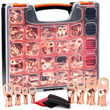 264PCS Copper Battery Cable Lug Kit AWG 8-2/0 Ring Terminals Heat Shrink Set