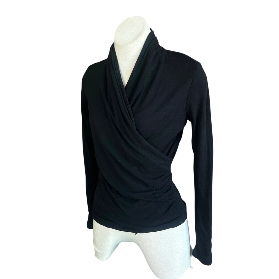 Alfani Black Silk Mesh Crop Faux Wrap Long Sleeve Top Size Medium - Image 2 of 4