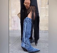 ZARA Denim Cowboy Boots 3051/210 Size UK 4 EU 37 US 6 1/5