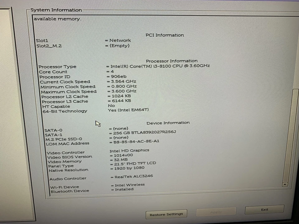 Dell OptiPlex 5260 AIO 22" Core i3-8100 3.6GHz 8GB RAM 256GB SSD NO OS NO STAND - Image 3 of 4