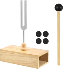 432 Hz Tuning Fork Set with Wooden Resonator Box and Silicone Hammer, Chakra Tun