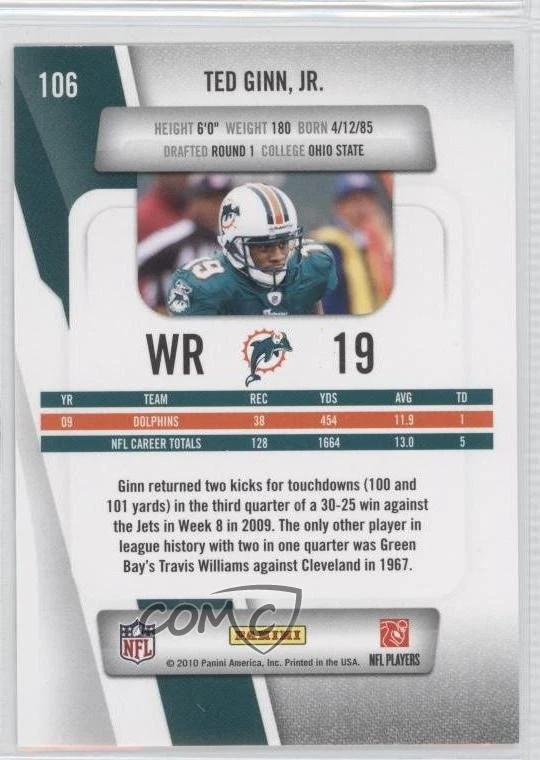 2010 Playoff Prestige Xtra Points Orange Ted Ginn Jr #106 - Image 2 of 2