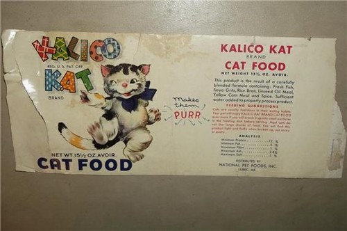 RARE 1950's KALICO KAT BRAND CAT FOOD NATIONAL PET FOODS LUBEC MAINE CAN LABEL