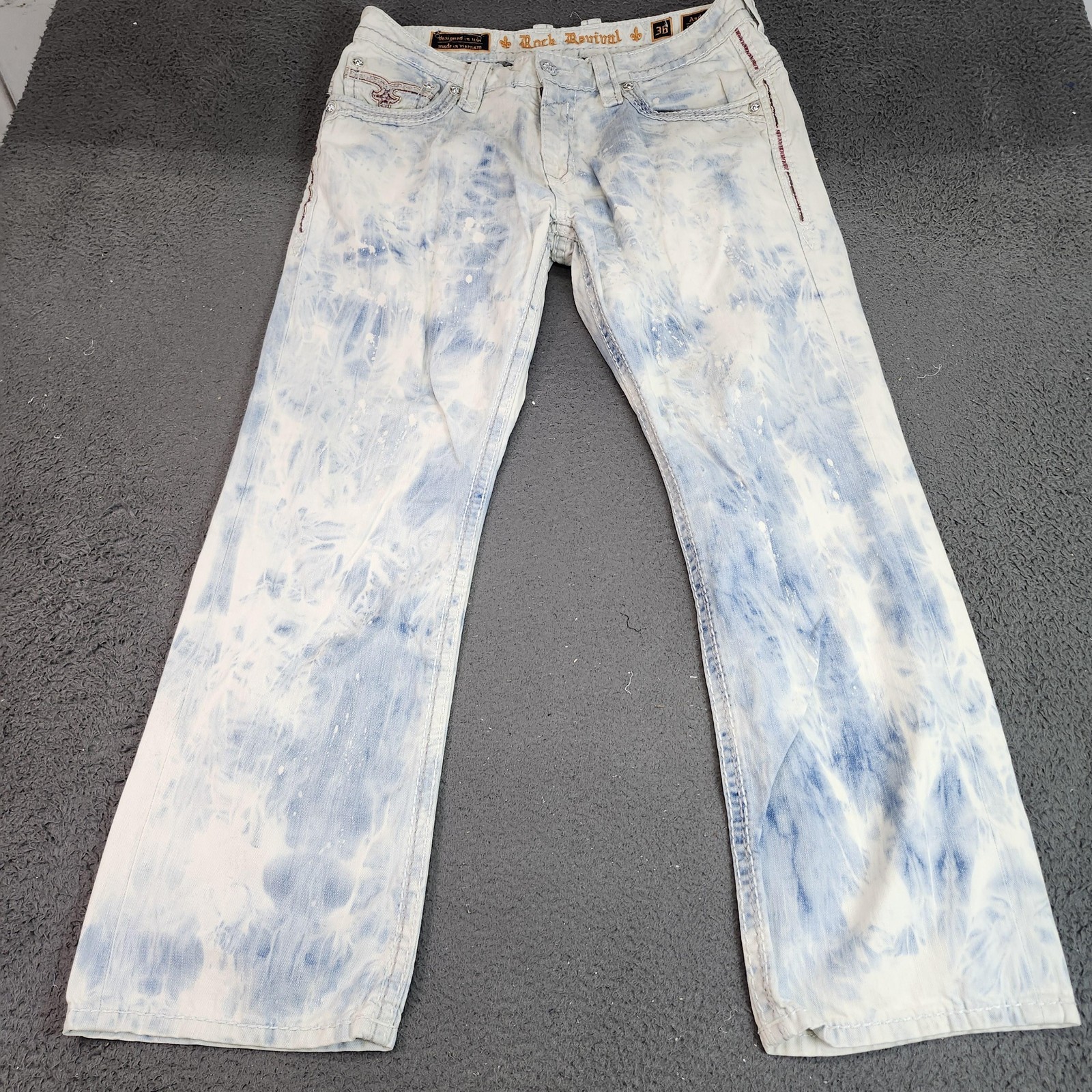 Rock Revival Ander Jeans Mens 36 Light Wash Relaxed Straight Paint Denim
