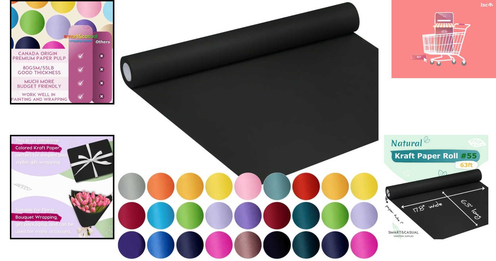 17.8" x 760" Heavyweight Black Kraft Paper Roll - Ideal for Arts & Gift Wrapping