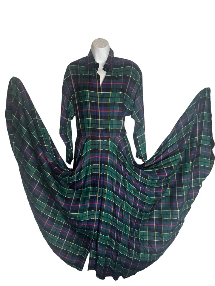 VTG 90s Plaid Heritage English Countryside Full Sweep Academia Maxi Shirtdress 6 - Image 4 of 4