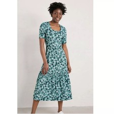 Seasalt Paint Shards Dress Size UK 24 Midi Teal Floral Stretch Jersey Tiered
