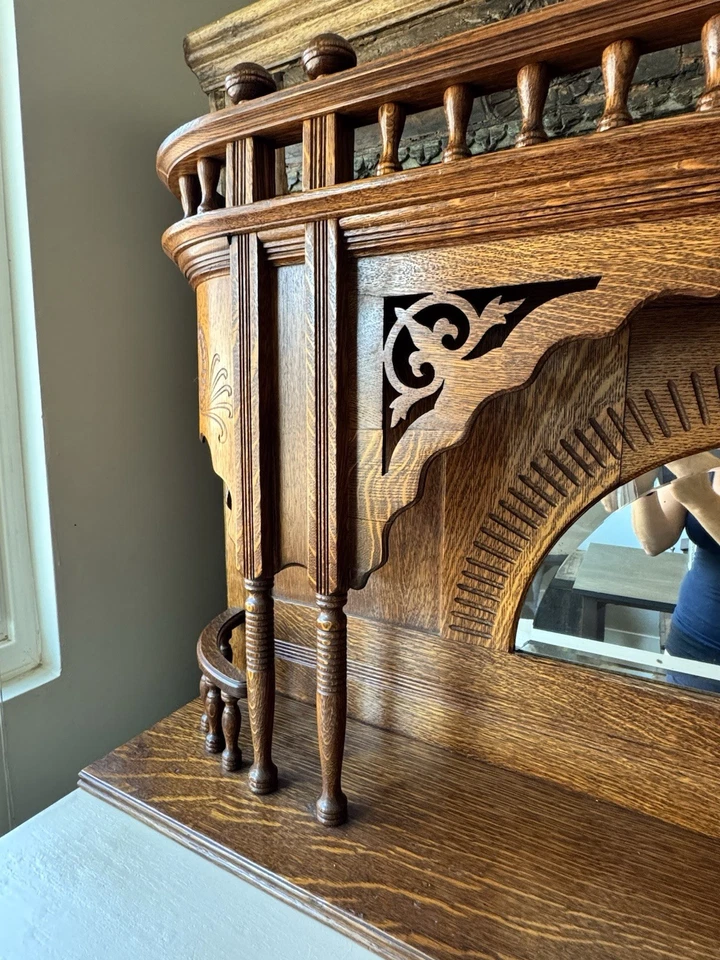 Antique Victorian Eastlake Tiger Oak Wall Mirror Shelf – 51” Ornate Carved - Image 3 of 4