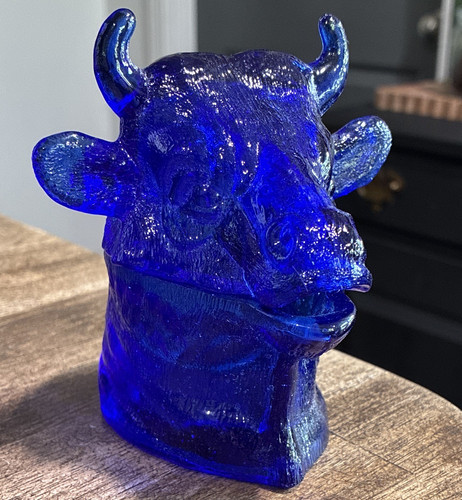 Bull Cow Head Mustard Jar Cobalt Blue Glass
