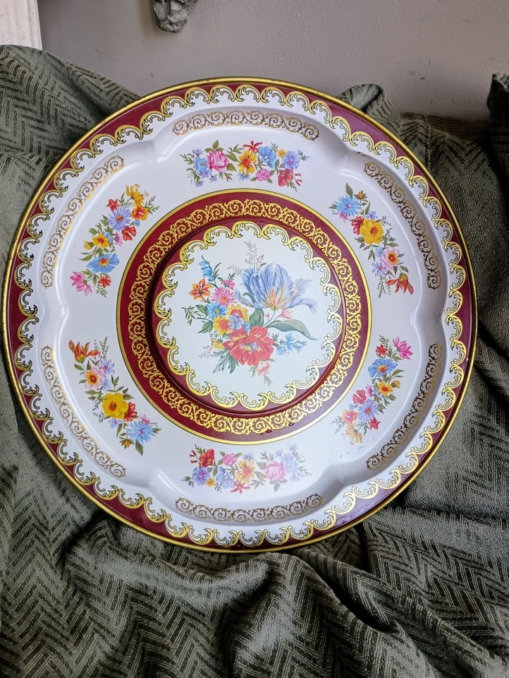 Metal Asian 13.5” Round Floral Raised Center Serving Platter Vintage England - Image 2 of 4