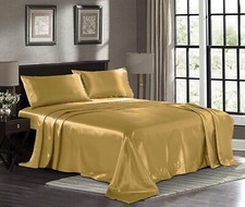 4 piece pc PURE BEDDING Satin Sheet Set, FULL 84x97" Microfiber GOLD Deep Pocket