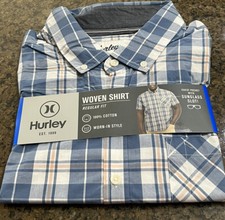 NWT Hurley size L blue plaid short sleeve cotton button up shirt mens
