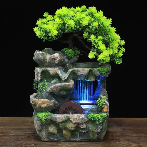 Water Fountain Tabletop Indoor Small Rock Waterfall Zen Decor with LED Light New