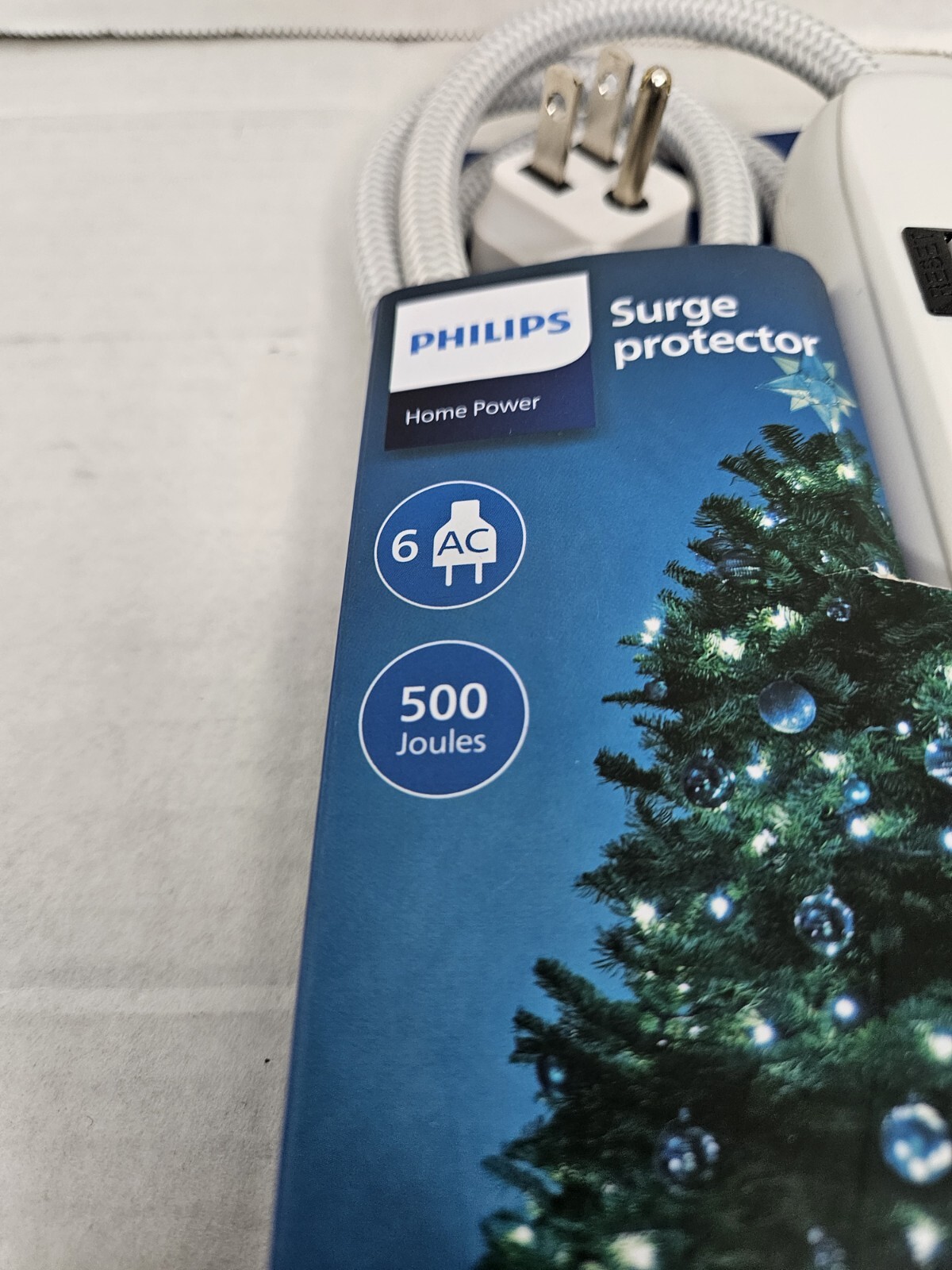 Phillips 6 Foot 6 Outlet Power Strip Braided Cord Gray/White