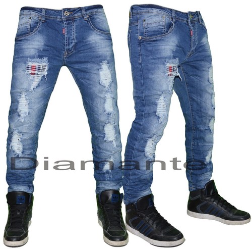 Jeans uomo Denim strappati foderati pantaloni slim elasticizzati nuovo 1226  | eBay