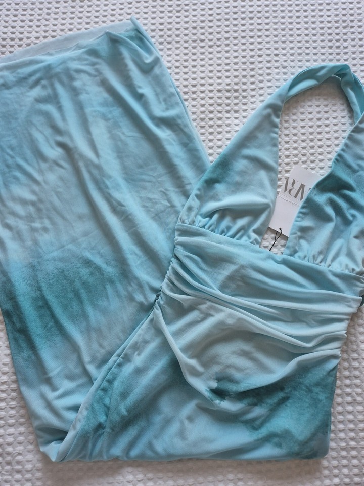 Zara Printed Tulle Halterneck Plunge Midi Tube Bodycon Dress Size M 10