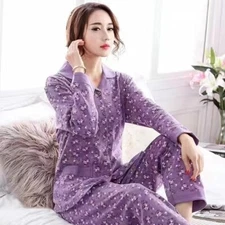 100% Cotton Women Pajama Set Soft Long Sleeve Pajamas Long Pants with Pockets