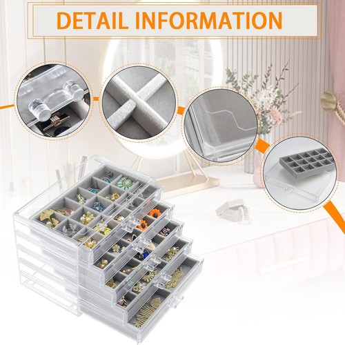 Acrylic Jewelry Box with 5 Drawers, Clear Earring Storage Organizer Display Case - Picture 2 of 6