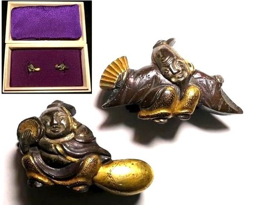 Japan antique Edo era noh dance inlay Menuki Shakudo Box sword katana armor