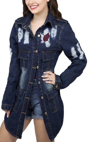Chaqueta de mezclilla SKYLINEWEARS informal para mujer novio angustiado manga larga rasgada - Imagen 13 de 13