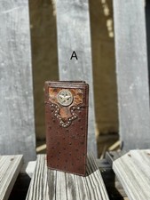 Ostrich Print Leather Checkbook Wallet with Star Concho on Cowhide Inlay