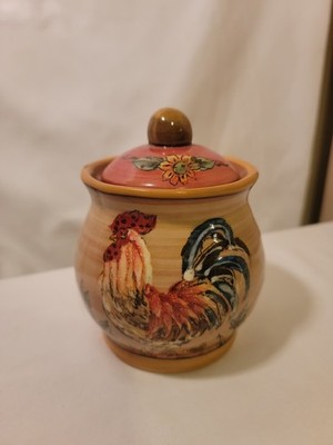 Red Rooster and Sunflower Sugar Bowl w/ Lid, Ceramic Honey Jar in Country Style
