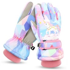 Kids Winter Snow Gloves, Girls Medium Fits 9-15 years Light Blue Unicorn