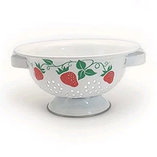 Vtg Strawberry White Enamel Colander Strainer 1983 8" Teleflora Cottage-core